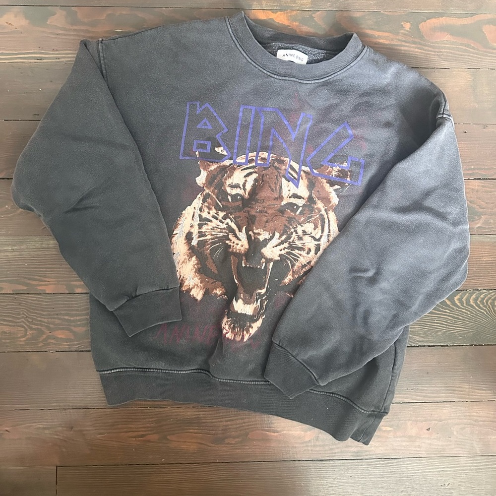 Anine Bing Black Sweatshirt with Tiger Graphic and Purple Logo